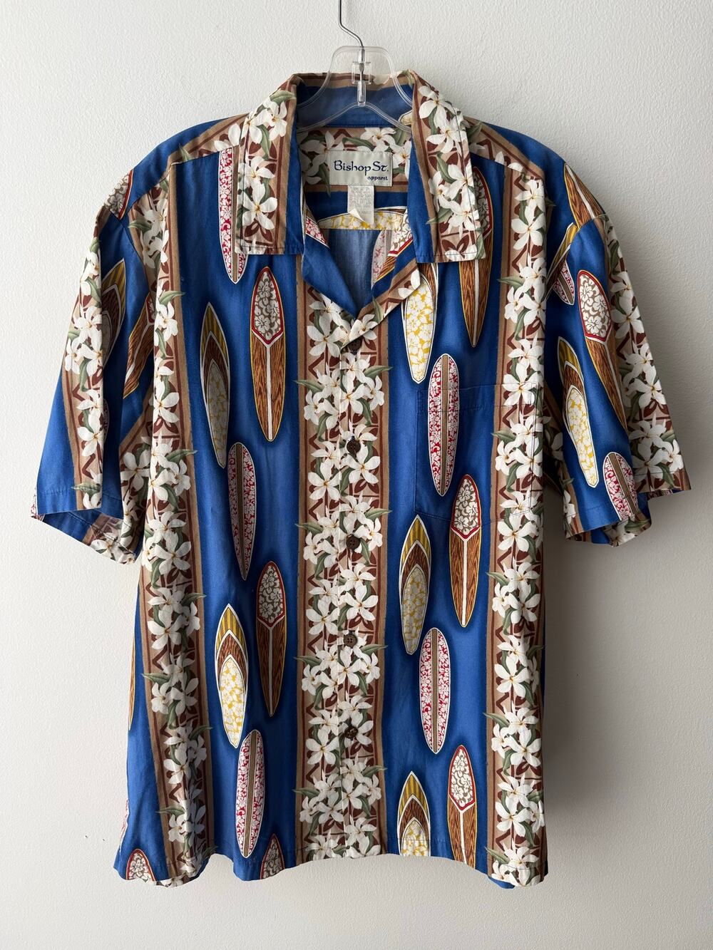 Vintage Bishop St. Surfboard Shirt Hawaiian Floral Tropical Vibrant Blue Mens XL